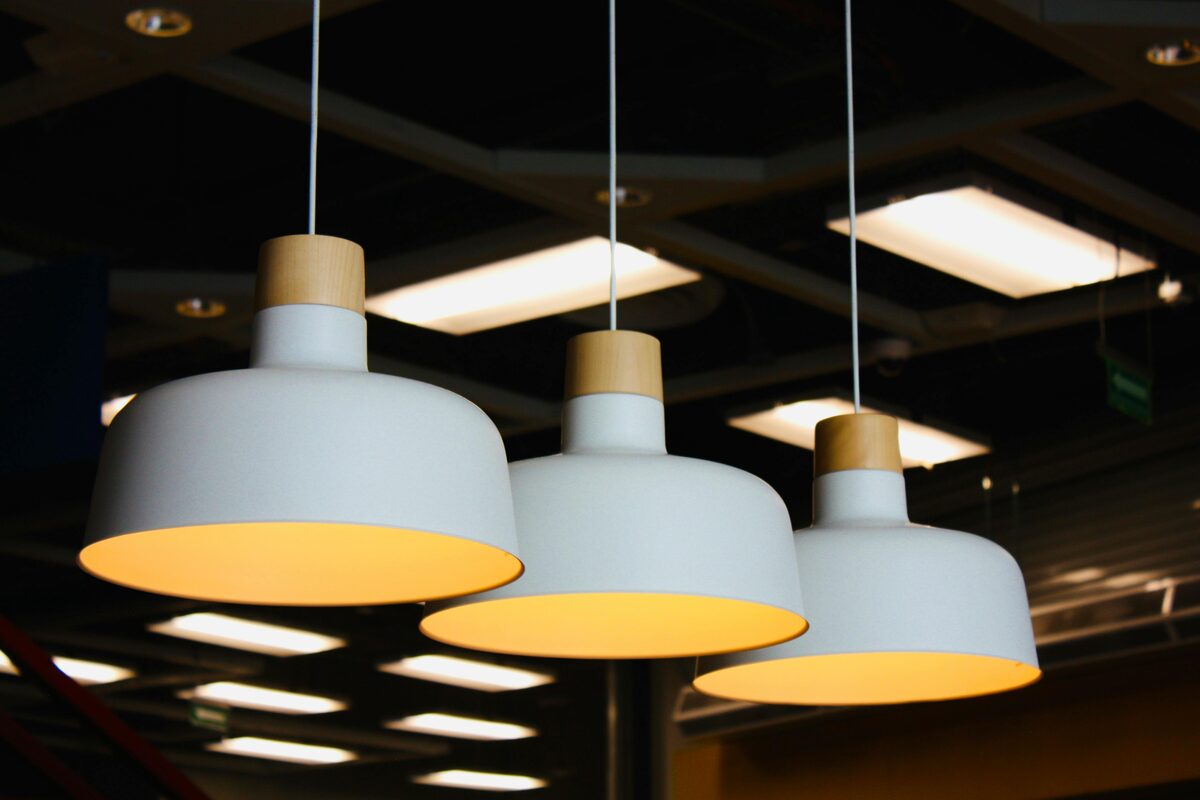 Warm pendant lights in a modern interior